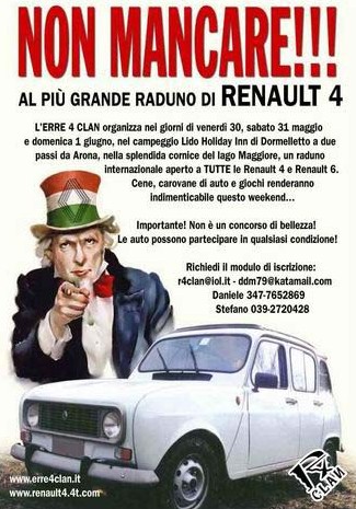 In Italian: "NON MANCARE!!! AL PIÙ GRANDE RADUNO DI RENAULT 4" (and further details as English version below)