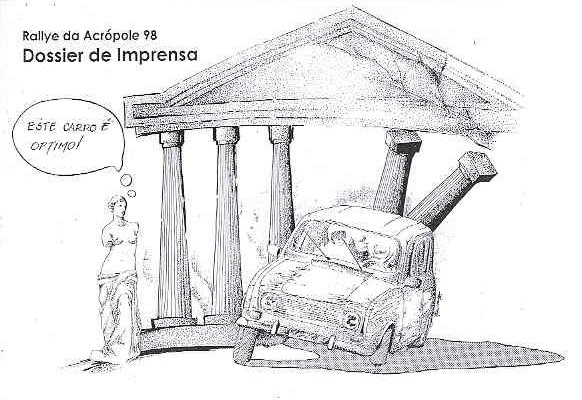 YA18g: Drawing of a Renault 4 crashing through the pillars of the Acropolis, with a nearby statue proclaiming: "Este carro é optimo!"