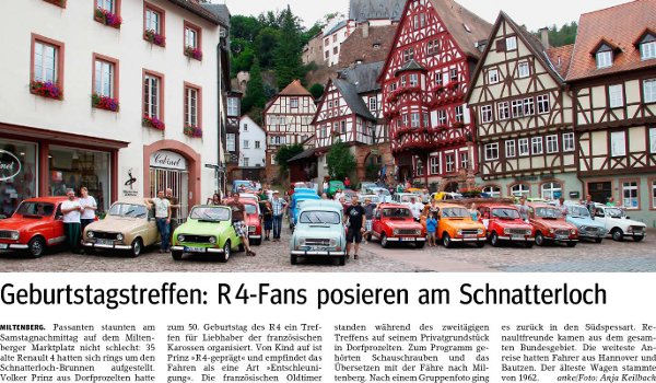 Photo of around three dozen Renault 4s gathered in the picturesque town of Miltenberg