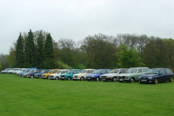 Renault 4s lined up in the field, in addition to some other models including a Renault 16