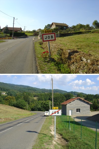 Signposts on the way in and out of the small village of Job, one simply reading 'Job', the other similar but with a line crossed through it