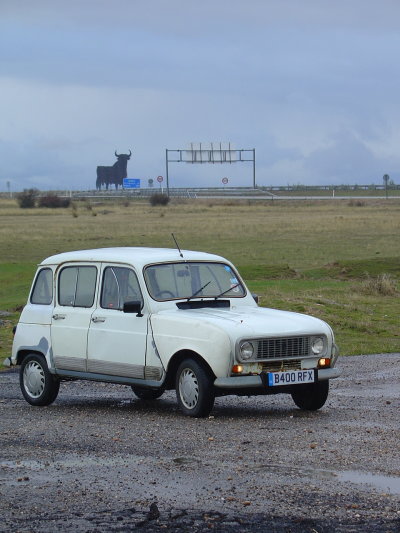 Reflexia in front of one of the giant black bull hoardings on the autoroute between Madrid and Burgos