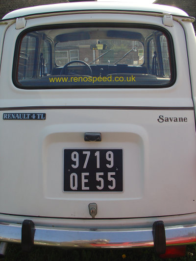 A look at the rear French plate in its attractive black and silver pressed metal finish, with the Renospeed garage logo in the rear windscreen above
