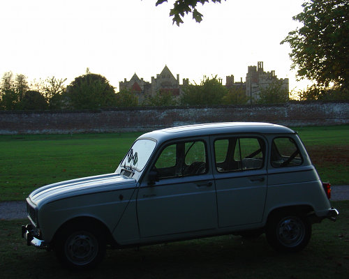 The car awaits the return of the ballooners at Penshurst Place in Kent
