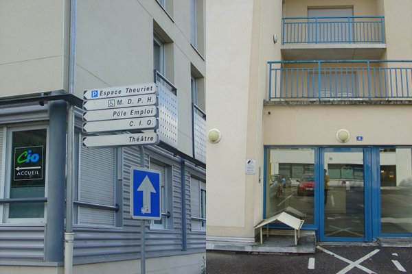 On the left, a sign pointing to Espace Theuriet; on the right, the front door of the property where the former owner resided